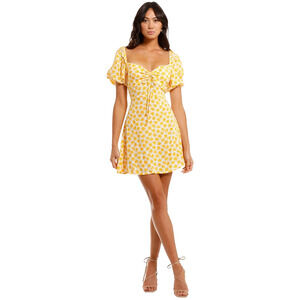Faithfull The Brand Shimma Yellow Floral Prairie Milkmaid Peasant Mini Dress Med
